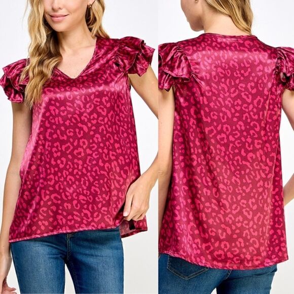 Burgundy and Pink Leopard Print Blouse - Picture 1 of 3